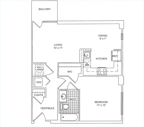 Floor plan for 1 bed, 1 bath, 665 sqft